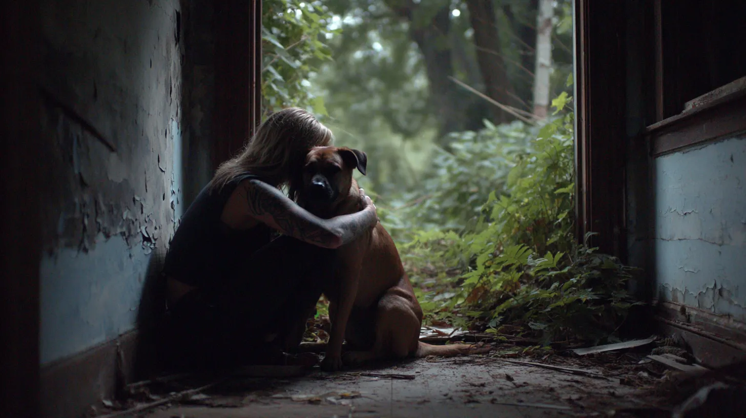 Rescued dog and human sharing a first calm embrace