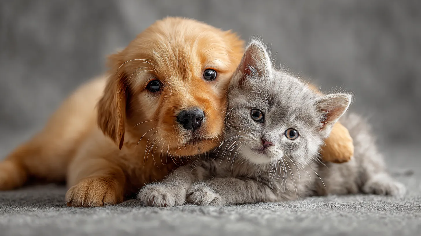 Puppy and kitten playing together on a bright background