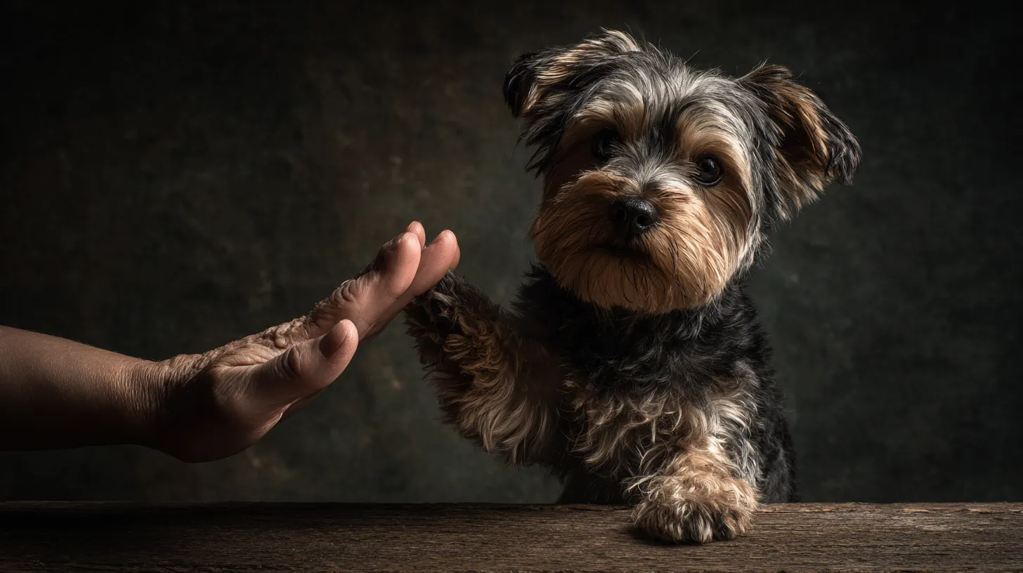 Owner clicker training a dog with treats in hand