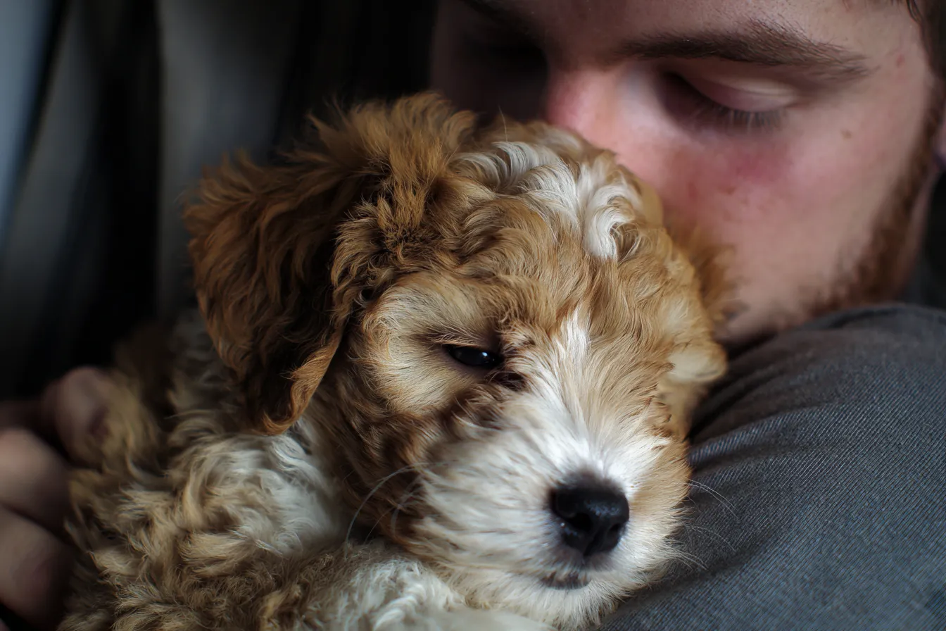 Human cuddling with a puppy