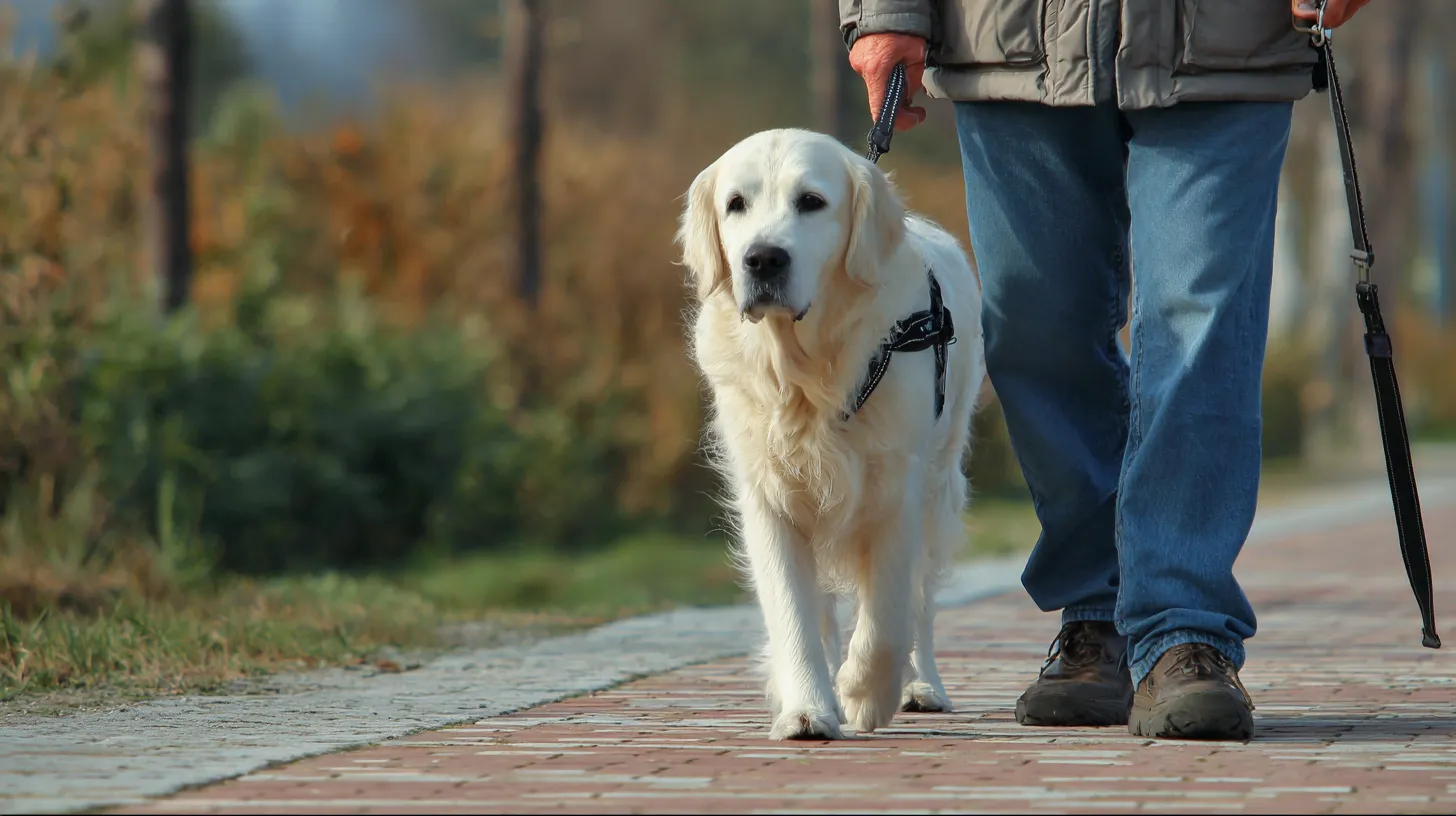 Dog wearing a basket muzzle calmly walking with handler during training