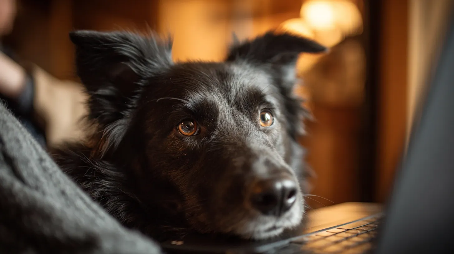 Owner following online dog training lesson with laptop while dog practices a sit cue