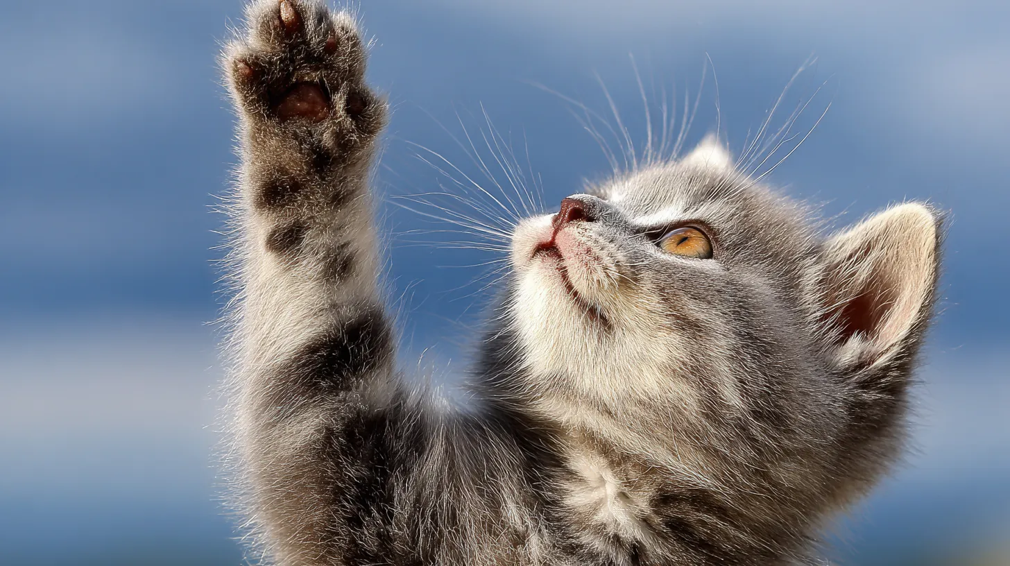 Positive kitten training session using a wand toy