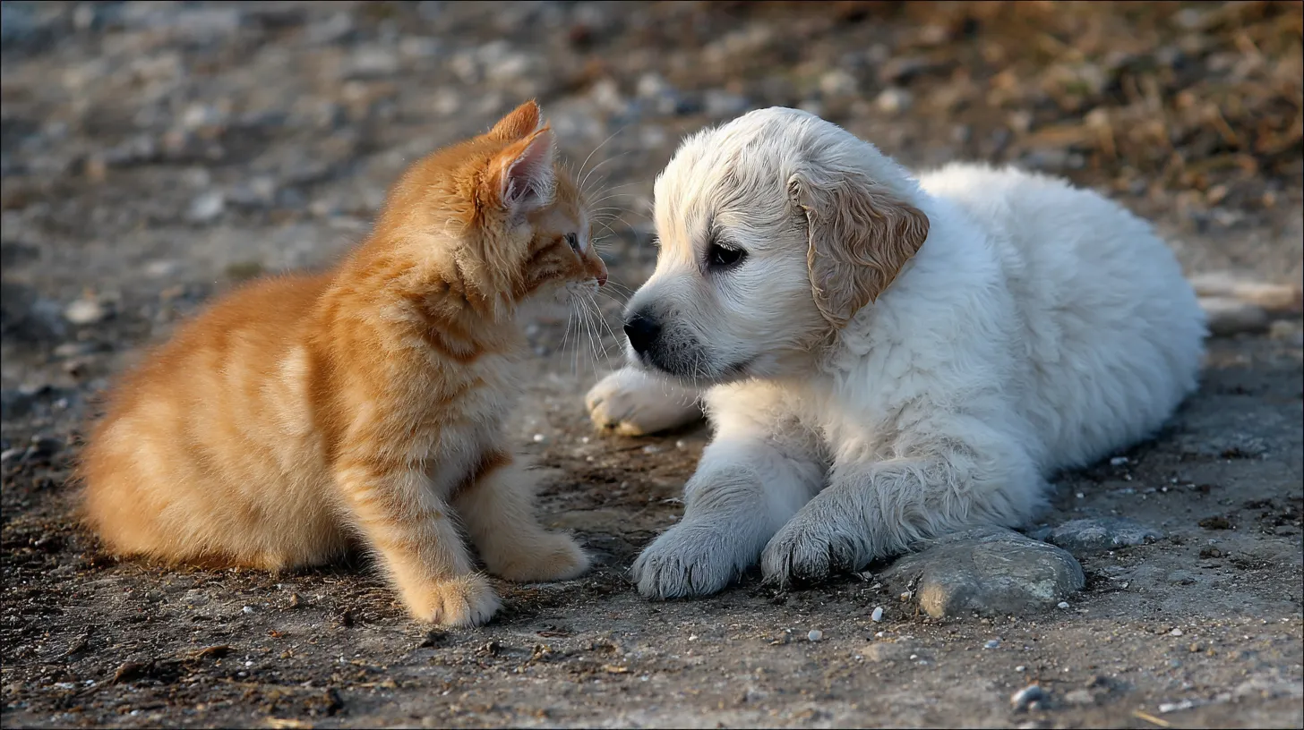 Two puppies meeting in a sunny park and becoming friends