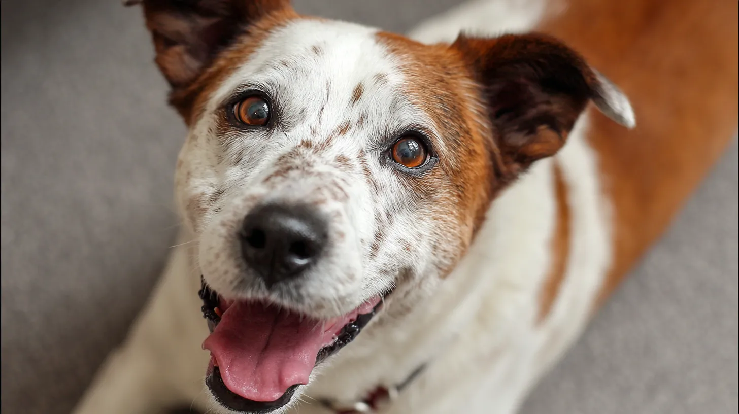 Happy senior dog relaxing at home after adoption