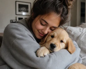 Human cuddling puppy